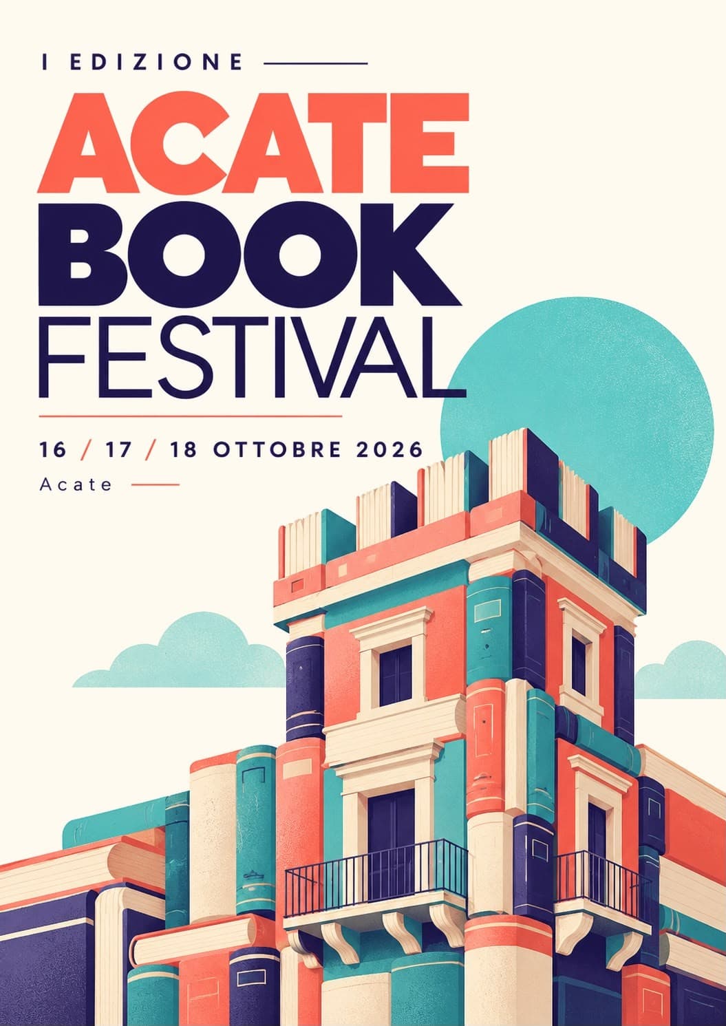 Il manifesto della I edizione: la scritta Acate Book Festival, 16/17/18 ottobre 2026, e una torre costruita con i libri sotto un sole turchese.